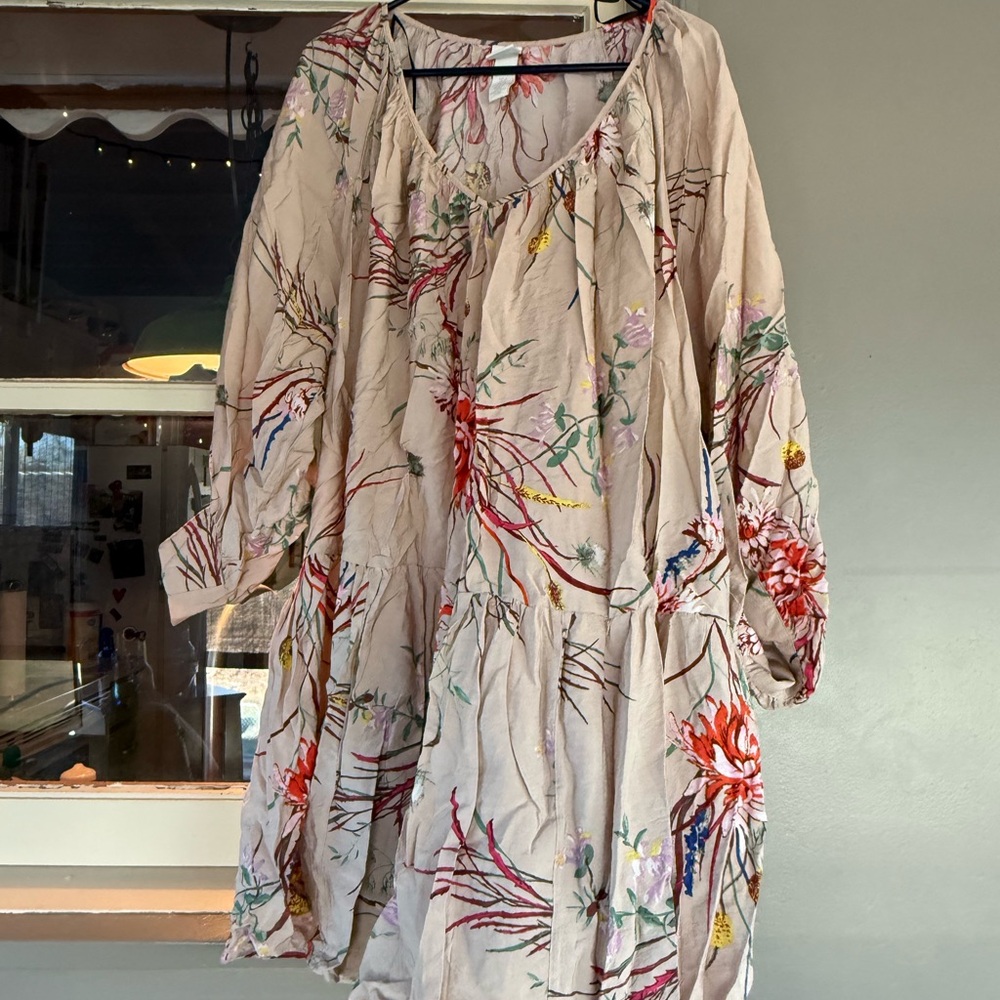 H&M Floral Mini Dress - Beige with Red and Green Accents